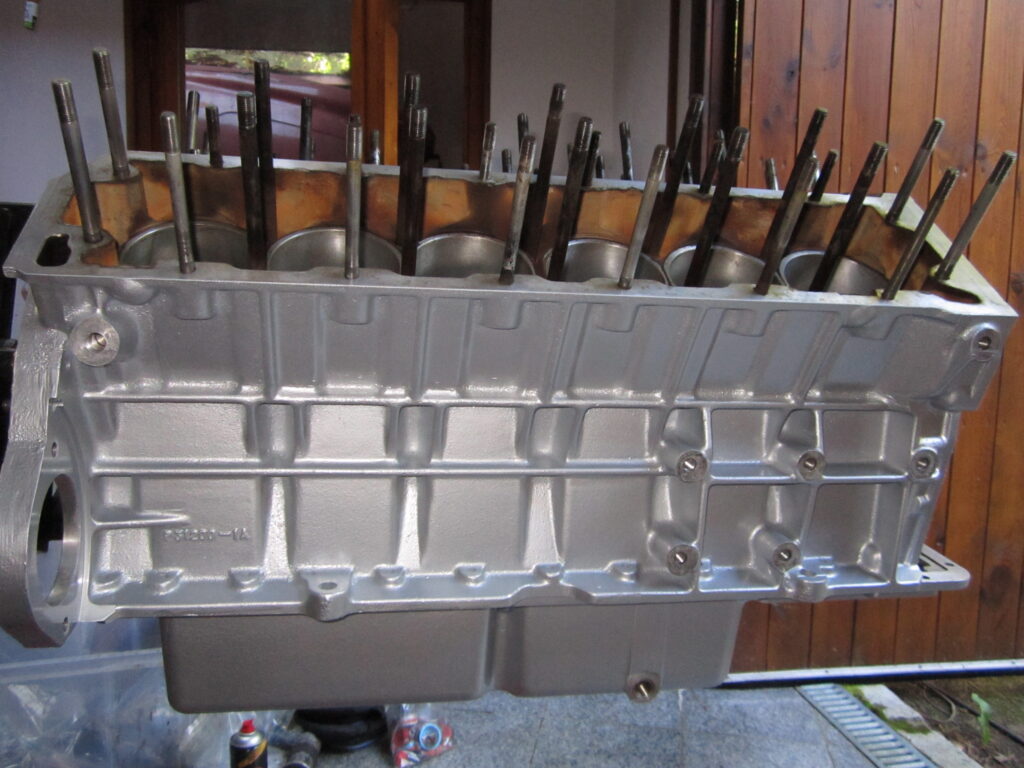 Jaguar E-type engine. Side view.