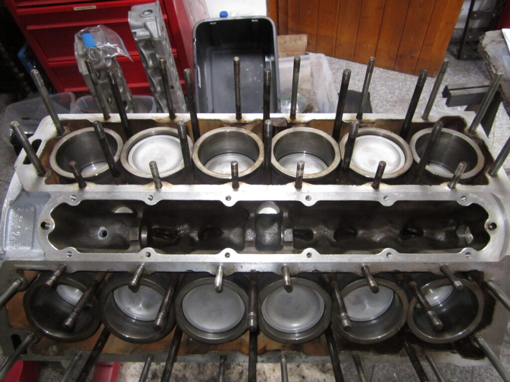 Jaguar E-Type engine. View of new heads and cylinders.