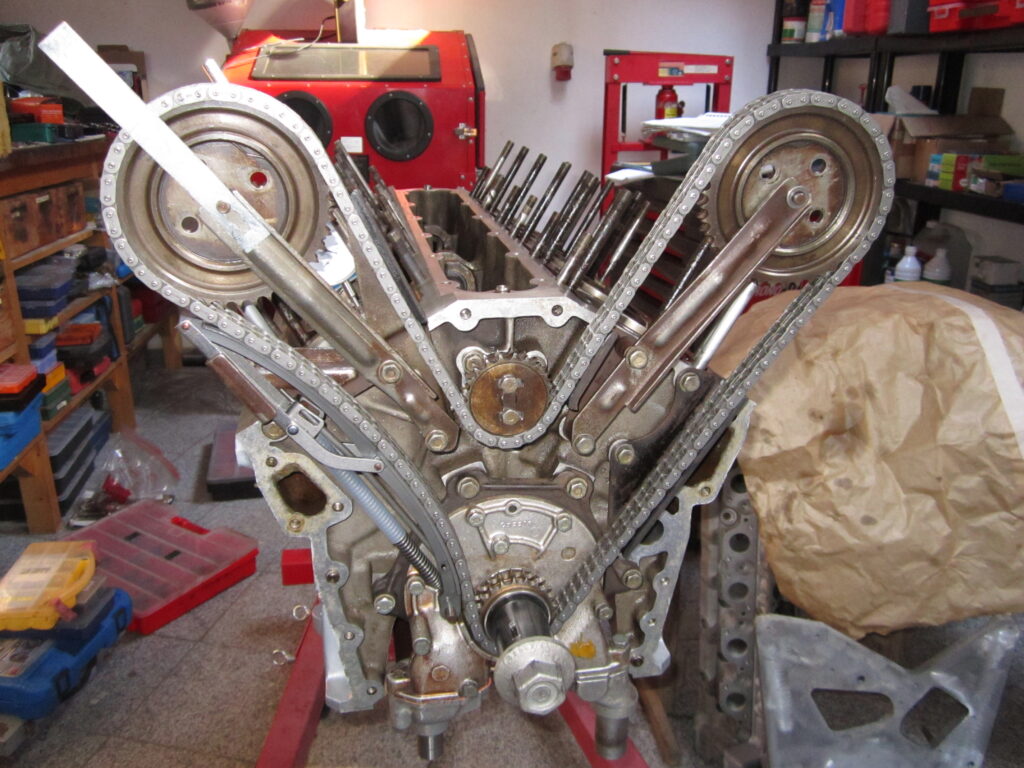 Jaguar E-Type engine. Close up of V12 frontal view.